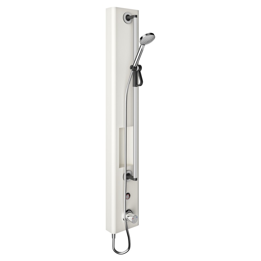 Douchepaneel CONGENIAL
avec tablette, montage mural, H 140 cm
version pour garniture douchette manuelle
mitigeur thermostatique avec
bouton piézo, avec rinçage hygiénique
raccordement d'eau chaude et froide 
service APP compatible, débit 9 (L/min)
alimentation à pile 6 V, IP68