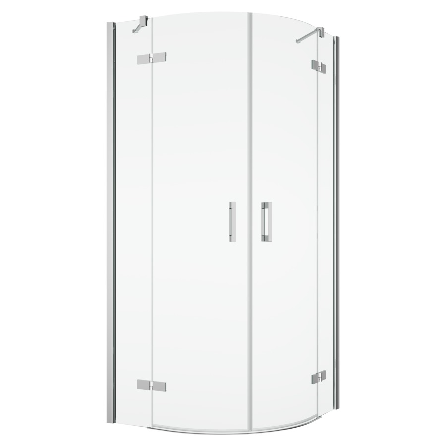 Entrée diagonale PUR
avec profilé de raccordement au mur
80 x 80 cm, H 200 cm
porte tournante avec partie fixe à gauche et à droite
avec support d'angle, pour douche 
quart de cercle R 55 cm