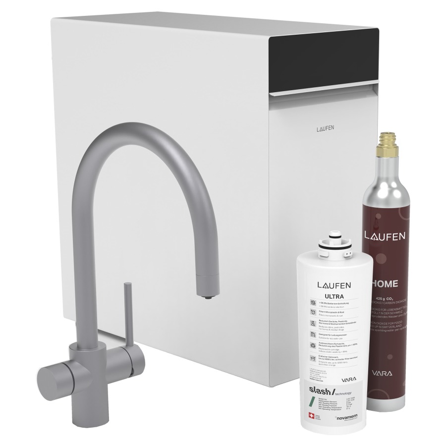 Spültischmischer Vara
Home Multifunktionsspültischmischer
Pack "All in one (HCSA)", Ausladung 225 mm
Schwenkauslauf 360°
Armatur mit Zugauslauf
und integriertem Controller
Griff rechts = Mischwasser
Griff links = Funktionswasser
7 Wasserarten, mit Wasserfilter