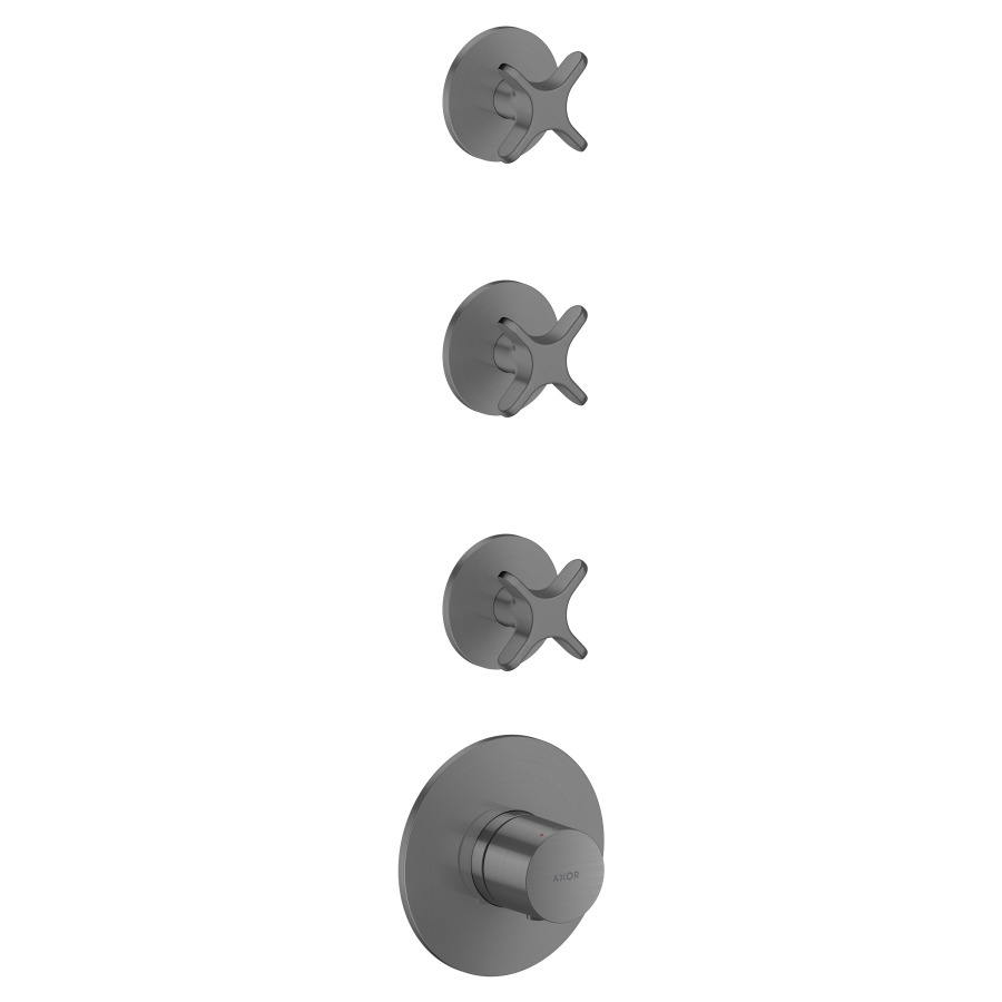 Thermostat ONE UP
Thermostatmodul für 3 Verbraucher
Montage horizontal oder
vertikal, mit Kreuzgriffen
ohne Einbaukörper 104503