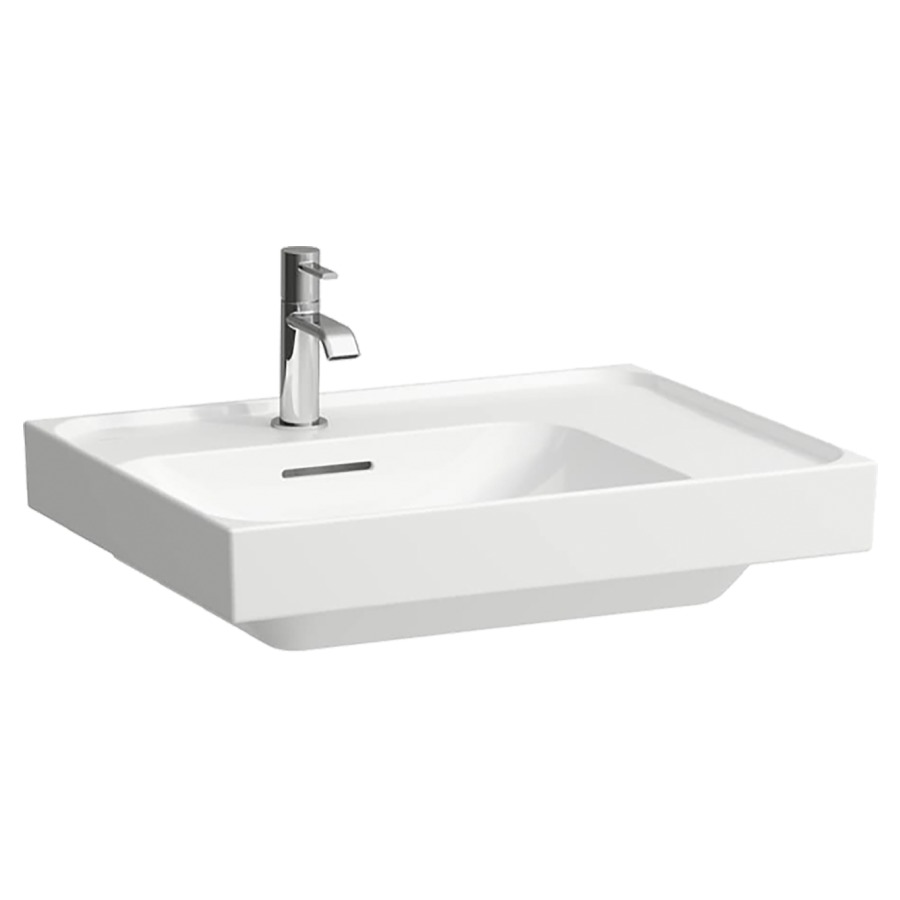 Aufsatzwaschtisch MEDA
60 x 16 x 46 cm
Keramik, Unterseite geschliffen
Wandmontage, Becken links
mit Armaturenbank
mit Überlauf