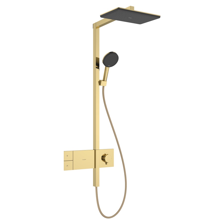 Système de douche Raindance Alive Q
avec thermostat ShowerSelect Comfort
douche de tête 1jet, Raindance Alive Q
34 x 21 cm, RainAir
douche à main RainAir/PowderRain/jet de massage
tuyau de douche, support de douche
glissière, 2&nbsp;raccordements
débit 12 (L/min)