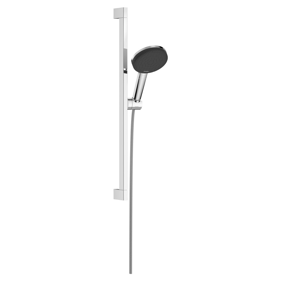 Brausegarnitur Raindance Alive Select S
D 12.5 cm, EcoSmart
3jet, RainAir/PowderRain/Massagestrahl
QuickClean, mit Brauseschlauch
Designflex 160 cm, Duschengleitstange 
Unica S Puro 65 cm und Easy Slide Brausehalter
Durchflussmenge 7.1 (L/min)