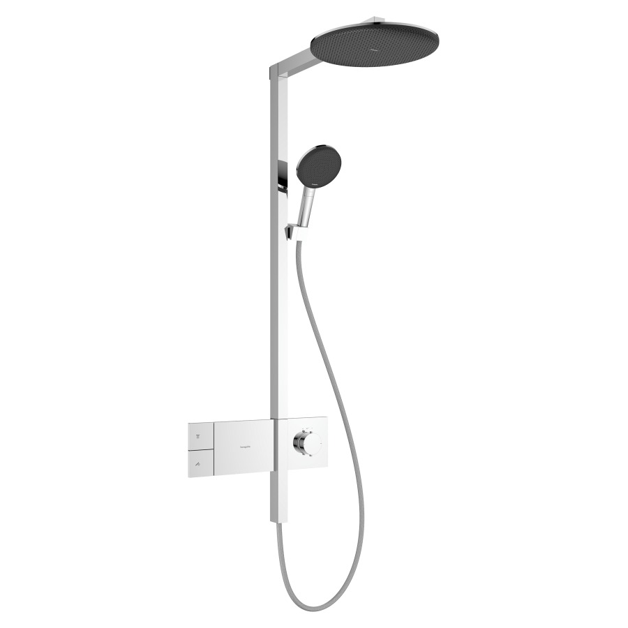 Système de douche Raindance Alive S
EcoSmart
avec thermostat ShowerSelect Comfort E
douche de tête 1jet, Raindance Alive S
D 30 cm, RainAir
douche à main RainAir/PowderRain/jet de massage
tuyau de douche, support de douche
glissière, 2&nbsp;raccordements
débit 7 (L/min)