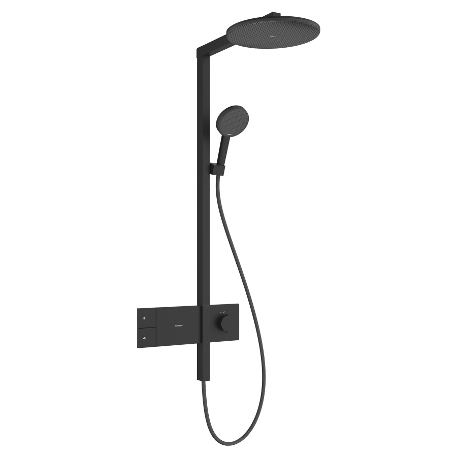 Système de douche Raindance Alive S
EcoSmart
avec thermostat ShowerSelect Comfort E
douche de tête 1jet, Raindance Alive S
D 30 cm, RainAir
douche à main RainAir/PowderRain/jet de massage
tuyau de douche, support de douche
glissière, 2&nbsp;raccordements
débit 7 (L/min)