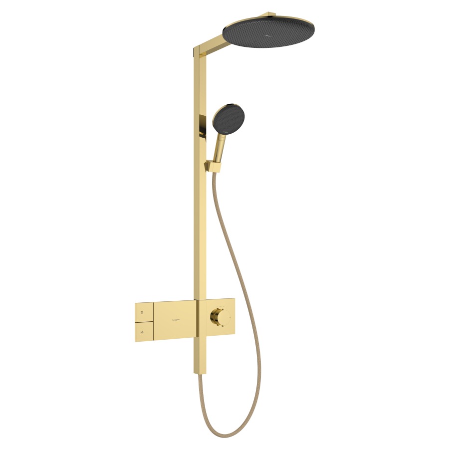 Système de douche Raindance Alive S
EcoSmart
avec thermostat ShowerSelect Comfort E
douche de tête 1jet, Raindance Alive S
D 30 cm, RainAir
douche à main RainAir/PowderRain/jet de massage
tuyau de douche, support de douche
glissière, 2&nbsp;raccordements
débit 7 (L/min)