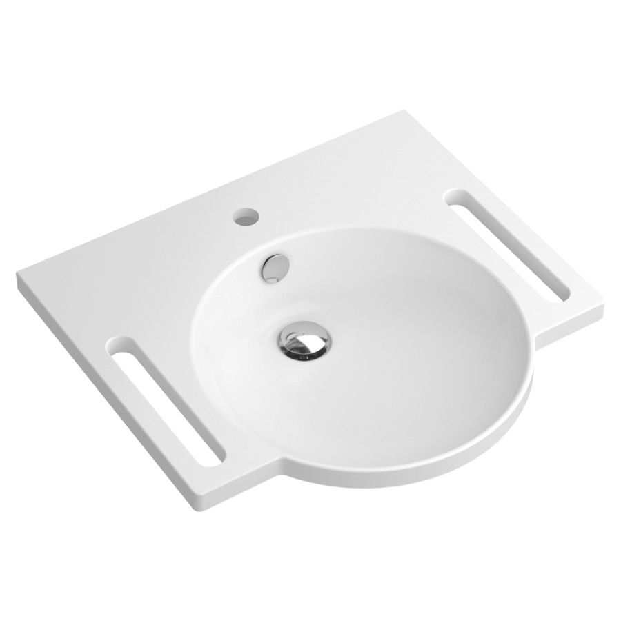 Lavabo HEWI
60 x 13 x 55 cm
Fonte minérale, poignées intégrées 
utilisables comme porte-serviettes
avec trop-plein, avec tablette, lavabo 
ronde