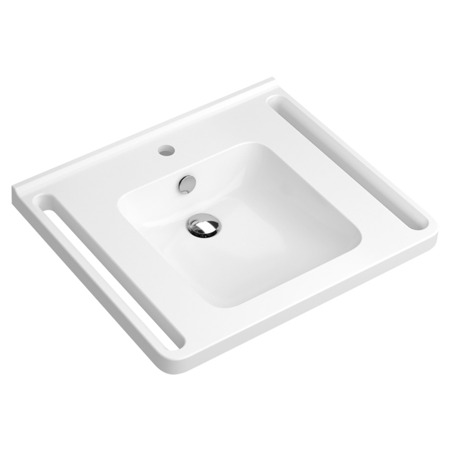 Lavabo HEWI
65 x 13 x 55 cm
Fonte minérale, poignées intégrées 
utilisables comme porte-serviettes
avec trop-plein, avec bord 
anti-débordement vers le mur
avec tablette, lavabo rectangulaire