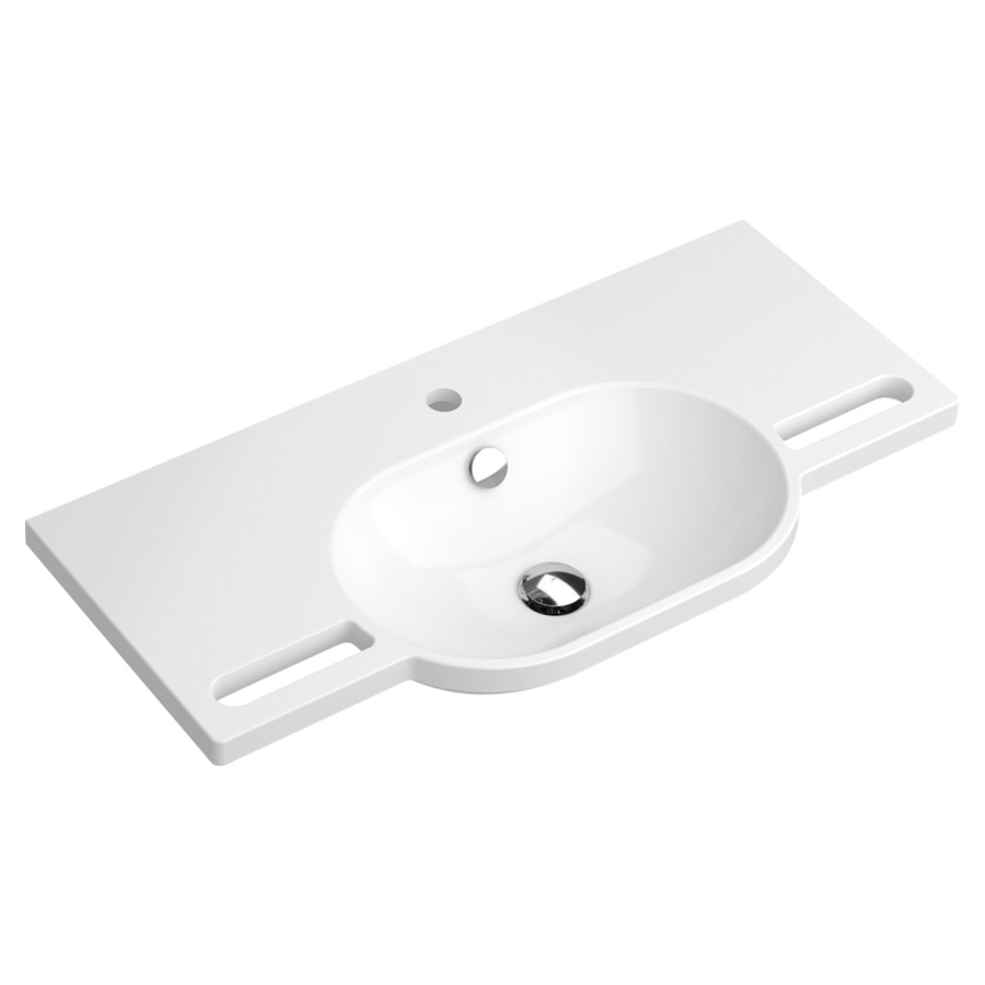 Lavabo HEWI
85 x 11.6 x 41.5 cm
Fonte minérale, poignées intégrées 
utilisables comme porte-serviettes
avec trop-plein, avec tablette
lavabo ovale
