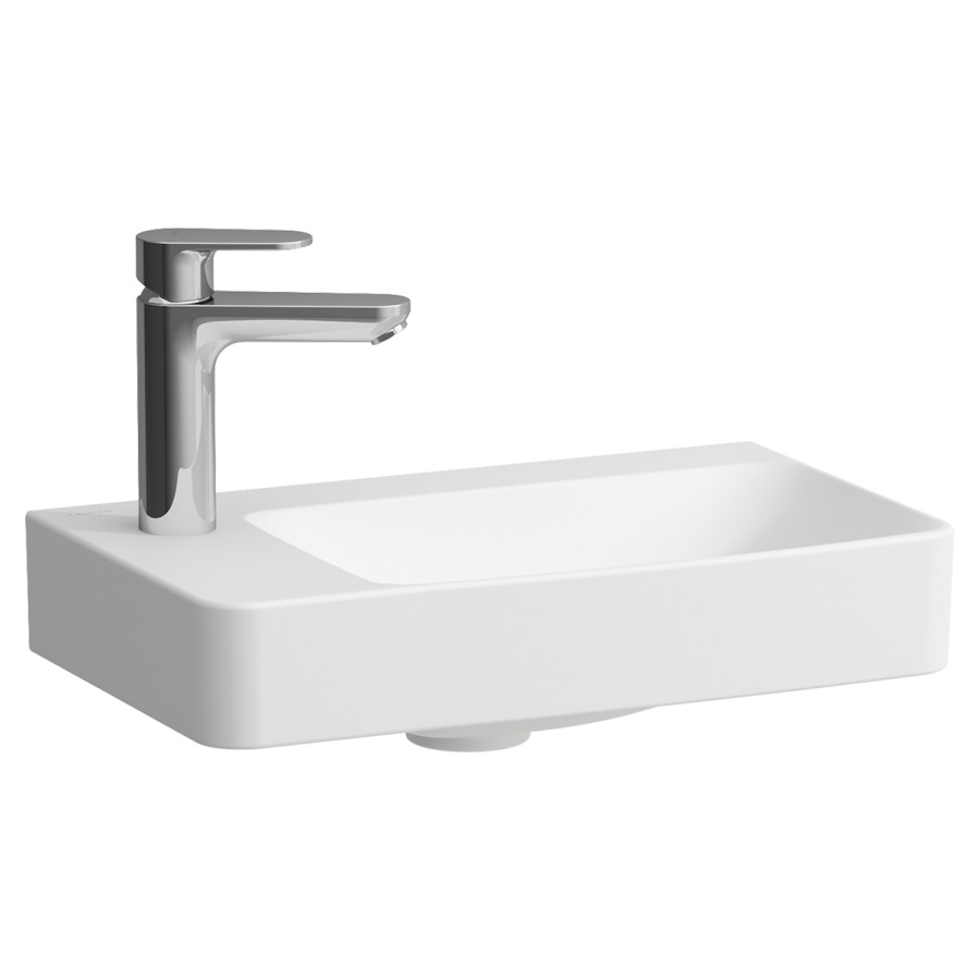 Lave-mains Pro X
48 x 8.5 x 28 cm, Céramique
montage mural, lavabo à droite
avec tablette de robinetterie à gauche
sans trop-plein