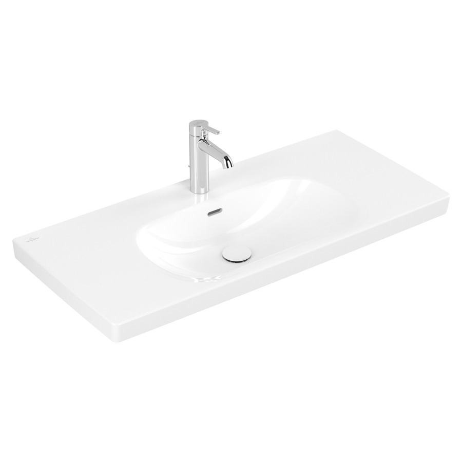 Lavabo Skyla
100 x 16 x 46 cm
TitanCeram, rectangulaire
lavabo au milieu
avec trop-plein