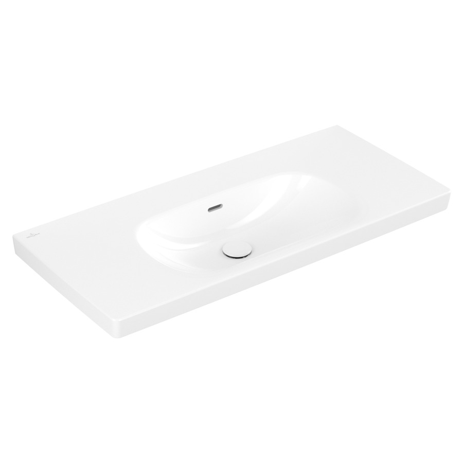 Lavabo Skyla
100 x 16 x 46 cm
TitanCeram, rectangulaire
lavabo au milieu
avec trop-plein