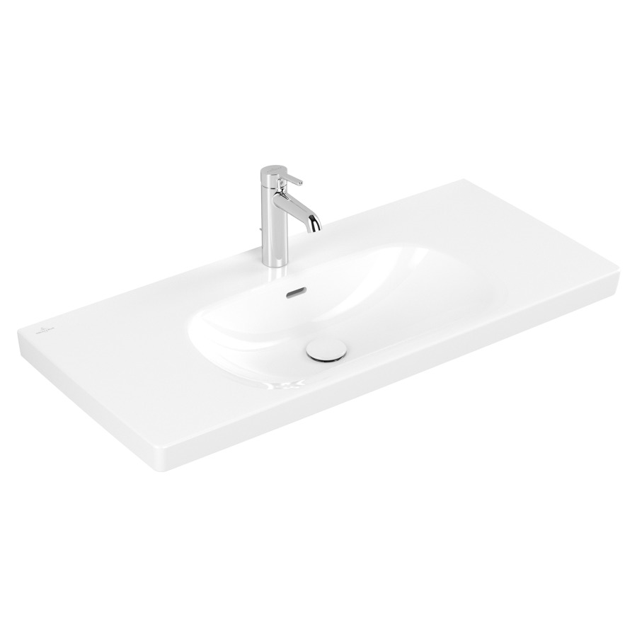 Lavabo Skyla
100 x 16 x 46 cm
TitanCeram, rectangulaire
lavabo au milieu
avec trop-plein