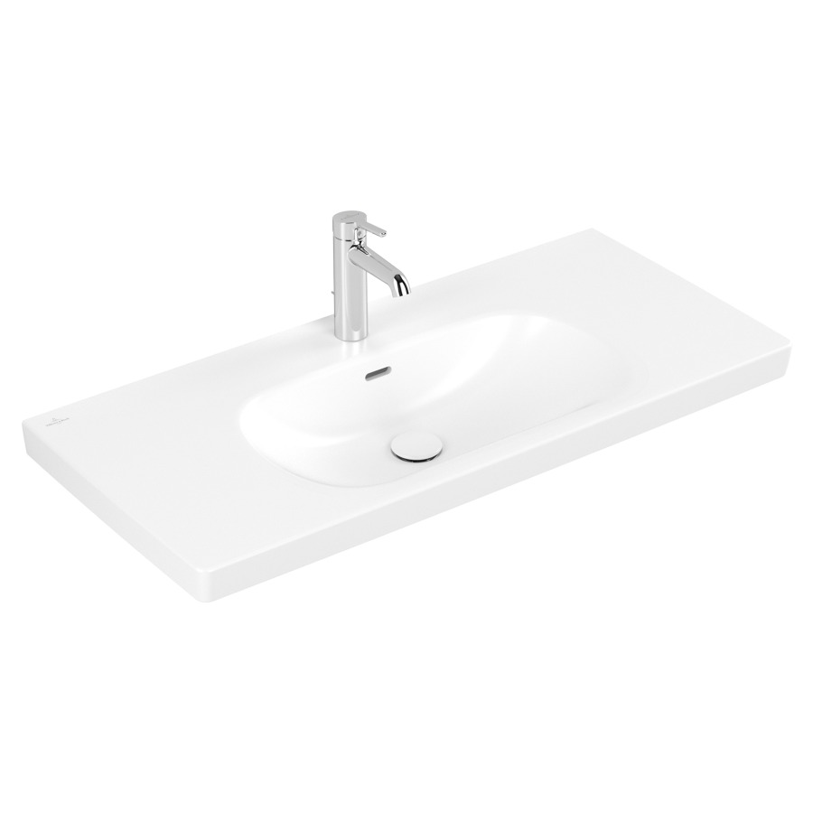 Lavabo Skyla
100 x 16 x 46 cm
TitanCeram, rectangulaire
lavabo au milieu
avec trop-plein