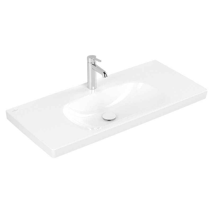 Lavabo Skyla
100 x 16 x 46 cm
TitanCeram, rectangulaire
lavabo au milieu
sans trop-plein