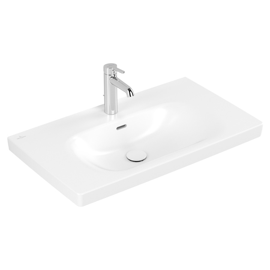 Lavabo Skyla
80 x 16 x 46 cm
TitanCeram, rectangulaire
lavabo au milieu
avec trop-plein