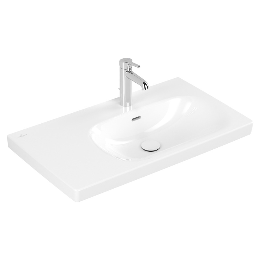 Lavabo Skyla
80 x 16 x 46 cm
TitanCeram, rectangulaire
lavabo à droite
avec trop-plein
