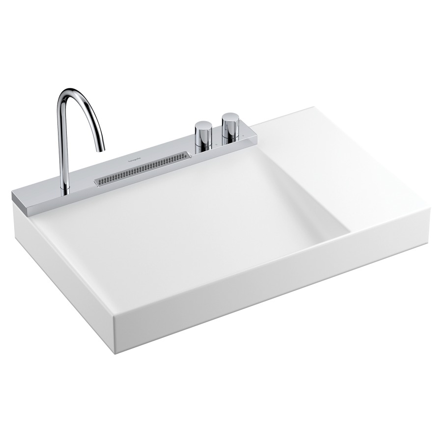 AquaUnit Avalegra
78 x 10 x 47.5 cm, Solid Surface
se compose de lavabo, sans trop-plein
surface de rangement à droite
et mélangeur de lavabo avec 
goulot orientable, saillie 185 mm
pour 2 raccordements maximum
adapté à élément inférieur
Xevolos et Xilesa