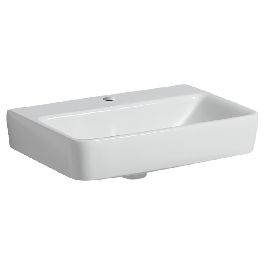 Lavabo RENOVA Compact
55 x 17 x 37 cm
Céramique, angulaire
montage mural, sans trop-plein
avec tablette de robinetterie
pour meuble suspendu