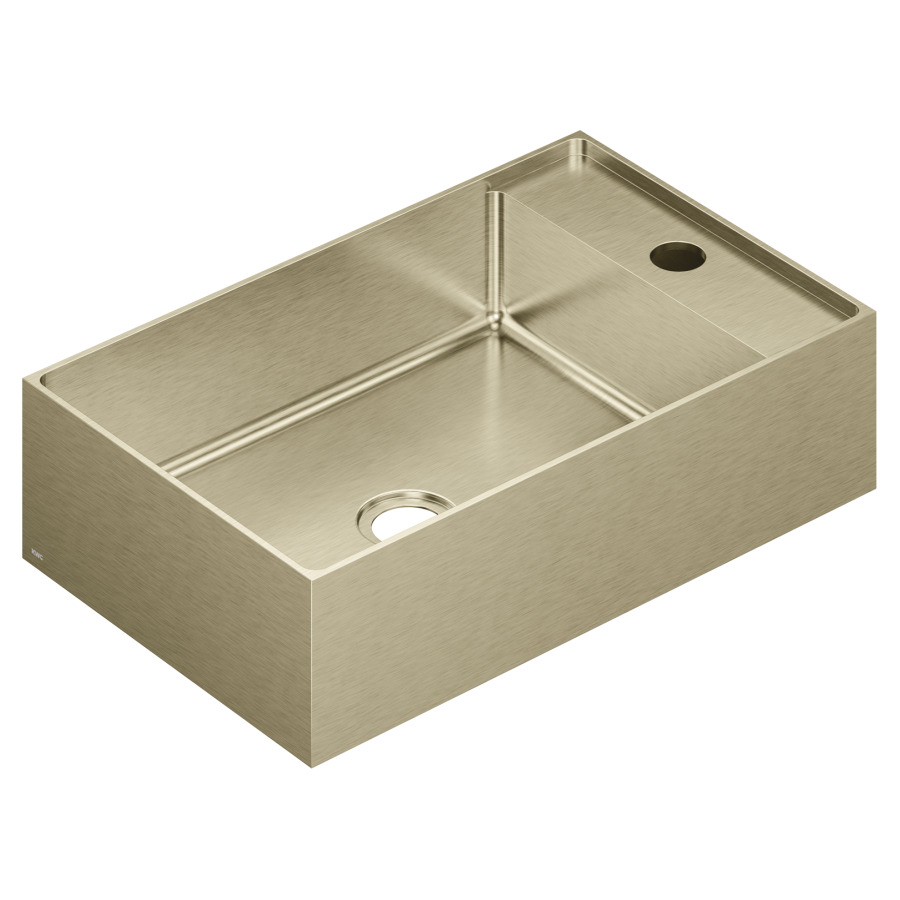 Lavabo à poser KWC DESIGN
45 x 11 x 28 cm, Acier inoxydable brossé
pose libre, rectangulaire, sans trop-plein
avec tablette de robinetterie