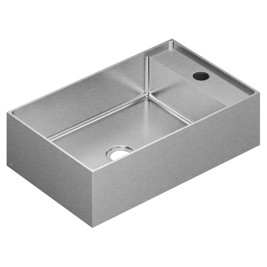 Lavabo à poser KWC DESIGN
45 x 11 x 28 cm, Acier inoxydable brossé
pose libre, rectangulaire, sans trop-plein
avec tablette de robinetterie
