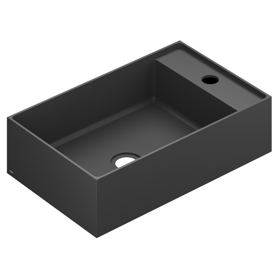 Lavabo à poser KWC DESIGN
45 x 11 x 28 cm, Acier inoxydable brossé
pose libre, rectangulaire, sans trop-plein
avec tablette de robinetterie
