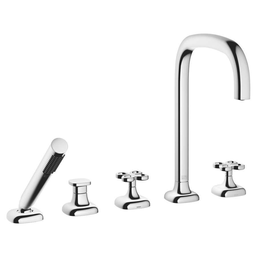 Garniture de remplissage COYA
montage sur carrelage/bord de baignoire 
5-trous, goulot orientable, saillie 220 mm
douche à main, inverseur, mélangeur, bec, mélangeur 
débit 20.4 (L/min)
douche à main 6.8 (L/min), Compact Rain
tuyau de douche métallique 175 cm
avec poignées en croix
groupe acoustique&nbsp;I