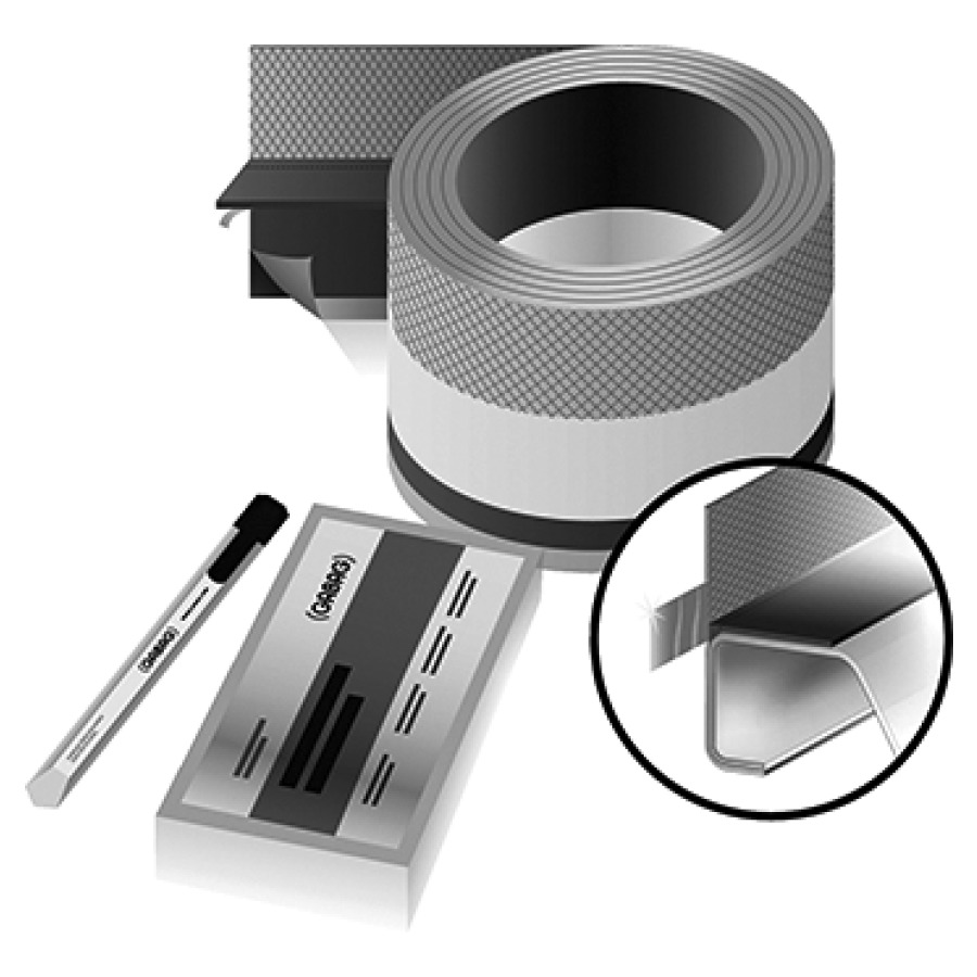 Flexzarge Gabag Schnittschutz
1000 cm, vlieskaschiertes
Dichtband, Wannenrandschutz-
profil und Schallschutz
vormontiert, Klingenmesser
Eckausgleichsprofil
Putz- und Trockentuch
für Bade- + Duschenwannen