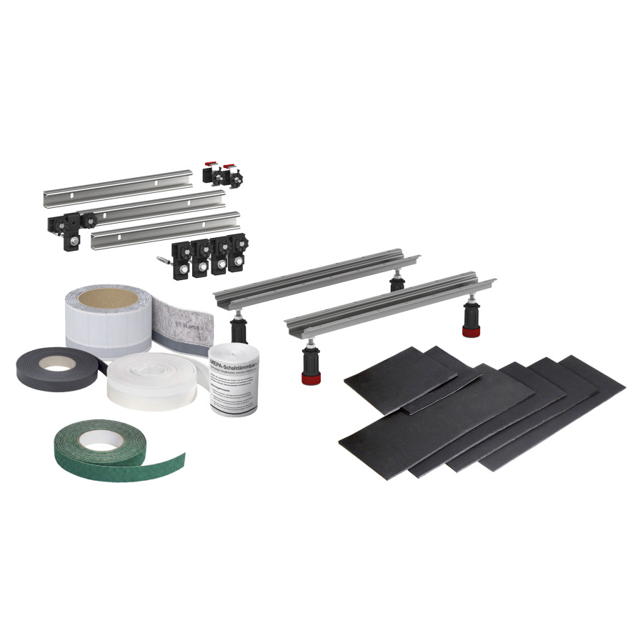 Set montage isolation phonique
avec ruban d'étanchéité MEPA
3S+ WA, H 11,5-19,5 cm
réglable pied-support WA
3 listeaux 70 cm avec raccord
en T, 2 pinces, Aquaproof Plus
ruban insonorisant
plaques d'isolation phonique
avec colle PU, pour baignoires
en matière synthétique jusqu'à
190 x 90 cm
conforme à la norme SIA 181
