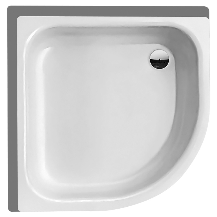 Eckduschenwanne SCHMIDLIN
Schenkellänge 80 cm, T 15 cm
Radius 50 cm, Stahl
Ablauf hinten rechts D 52 mm
Zargen hinten und links, Z1001
Schallisolierung