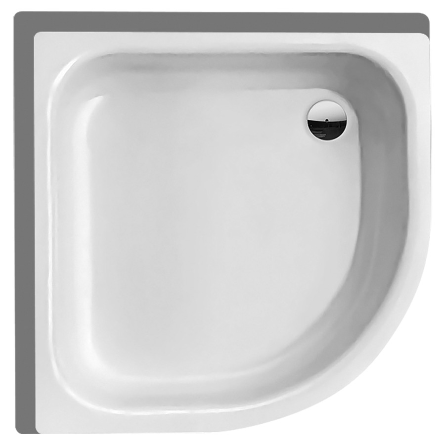Eckduschenwanne SCHMIDLIN
Schenkellänge 90 cm, T 15 cm
Radius 50 cm, Stahl
Ablauf hinten rechts D 52 mm
Zargen hinten und links, Z1001
Schallisolierung