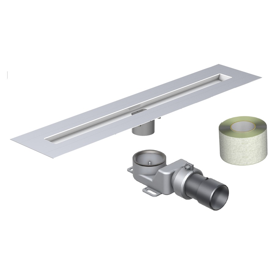Rigole douche AQUA SWISSLINE
VARIO 800 set complet
longueur totale 90 cm
rigole 80 cm, montage
plat ou rebord pliant
8/10 mm, écoulement Primo Plus
set d'étanchéité 1 (2,5 m)
matériel de fixation
sans plaque de recouvrement