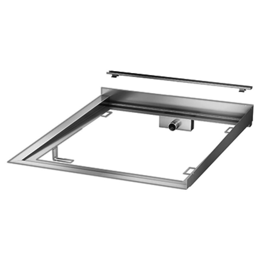 Élément de douche ELEMENTO DUE
100 x 90 cm, butée à droite
avec rigole de douche integrée
recouvrement pour carrelage
inclus, siphon enlevable avec
niveau d'eau de 50 mm
descente 2% integrée
débit 30 l/min