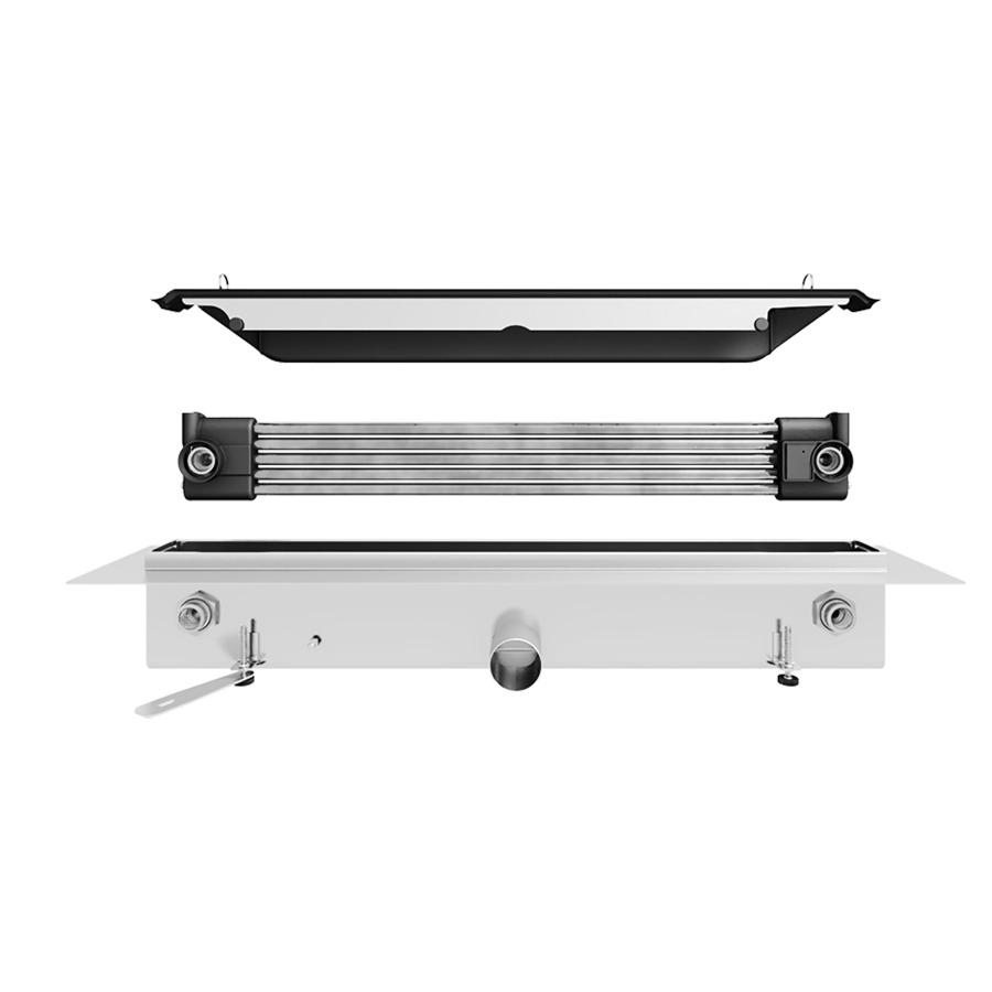 Rigole de douche JOULIA INLINE
longueur totale 83,7 cm
pour montage côté pièce
échangeur de chaleur 5 tubes intégrée
écoulement au milieu, sortie horizontal
piège d'eau 50 mm, 48 l/min
détecteur de fuite acoustique
avec DT-siphon, sans couvercle