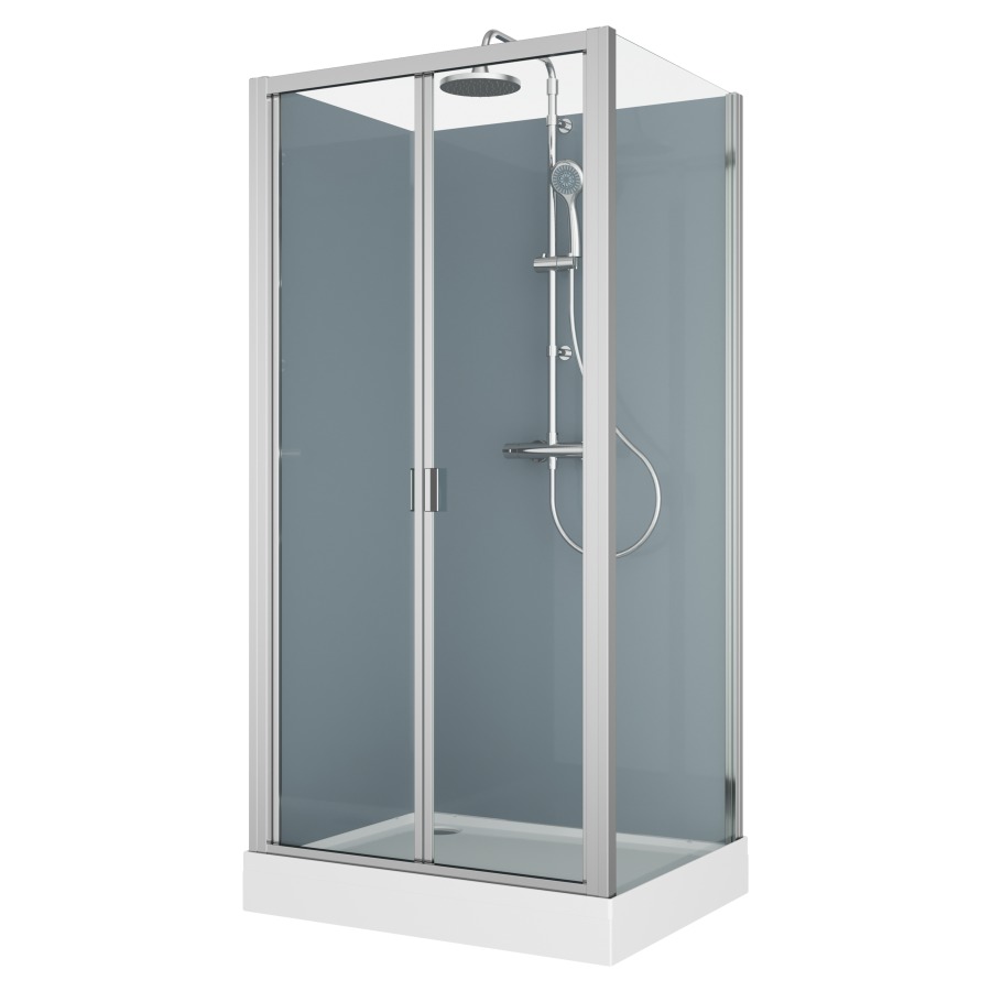 Cabine douche Modul
100 x 80 cm, H 203 cm
receveur de douche blanc
2 panneaux arrière, porte
pliante coulissante et cloison
latéral, montage en angle
robinetterie version 4