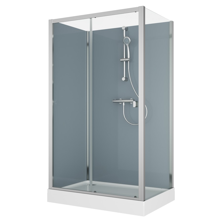 Cabine douche Modul
120 x 80 cm, H 203 cm
receveur de douche blanc
2 panneaux arrière, porte
coulissante 1 partie avec
partie fixe et cloison latéral
montage en angle, robinetterie
version 3
