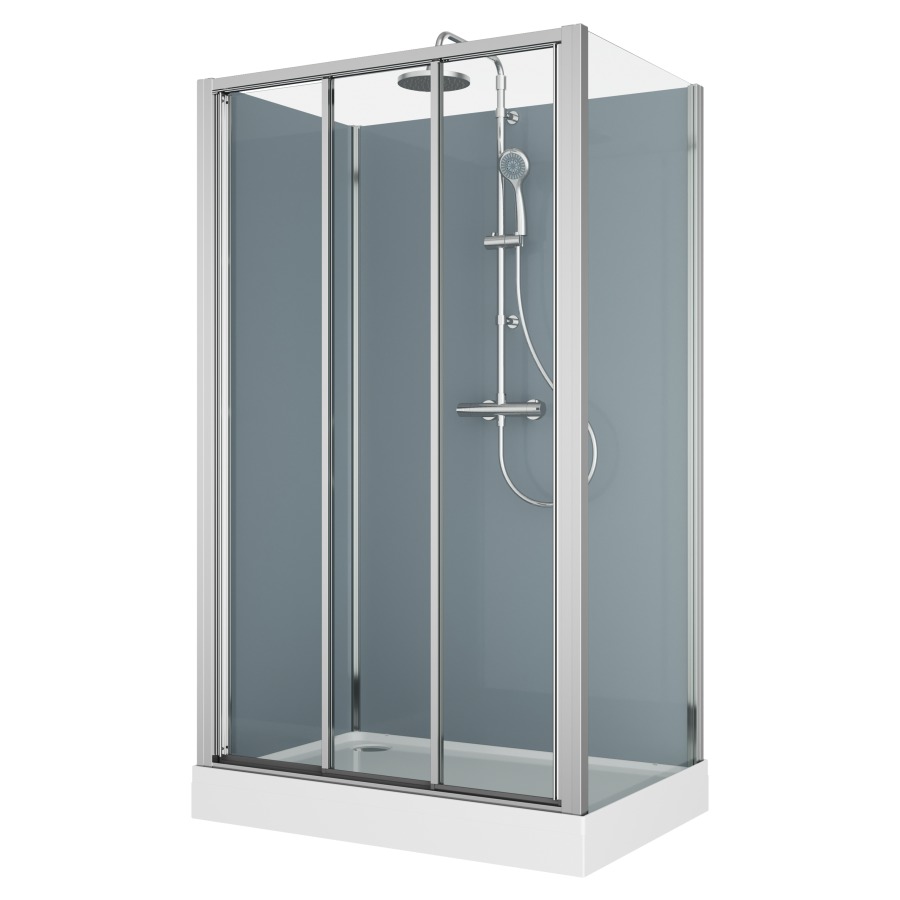 Cabine douche Modul
120 x 80 cm, H 203 cm
receveur de douche blanc
2 panneaux arrière, porte
coulissante 3 parties et
cloison latéral, montage en
angle, robinetterie
version 4