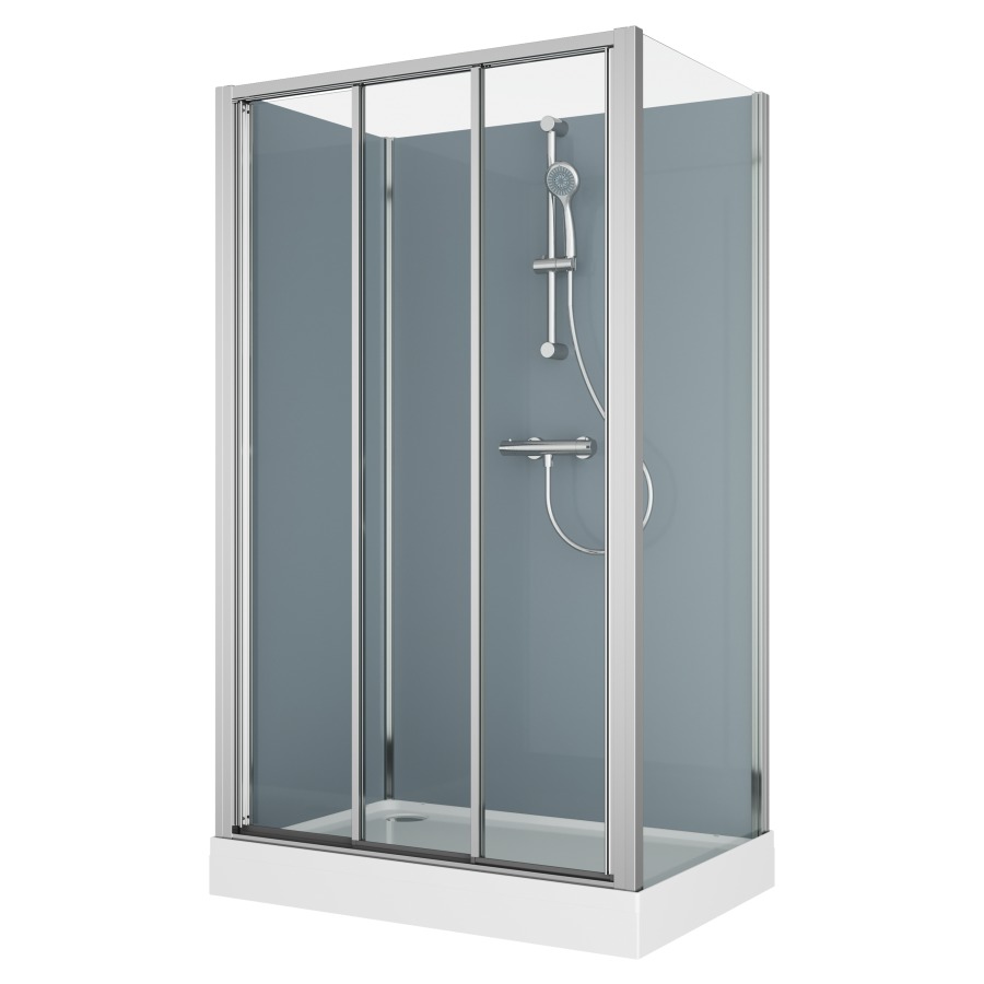 Cabine douche Modul
120 x 90 cm, H 203 cm
receveur de douche blanc
2 panneaux arrière, porte
coulissante 3 parties et
cloison latéral, montage en
angle, robinetterie
version 3