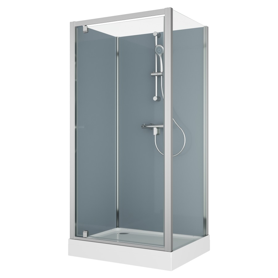 Cabine douche Modul
100 x 80 cm, H 203 cm
receveur de douche blanc
2 panneaux arrière, porte
tournante et cloison latéral
montage en angle, robinetterie
version 3