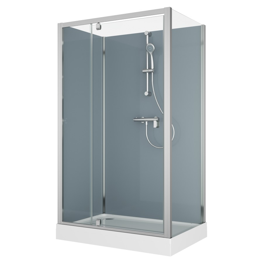 Cabine douche Modul
120 x 80 cm, H 203 cm
receveur de douche blanc
2 panneaux arrière, porte
tournante avec partie fixe et
cloison latéral, montage en
angle, robinetterie version 3