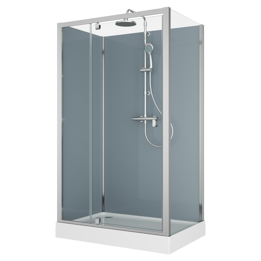Cabine douche Modul
120 x 80 cm, H 203 cm
receveur de douche blanc
2 panneaux arrière, porte
tournante avec partie fixe et
cloison latéral, montage en
angle, robinetterie version 4