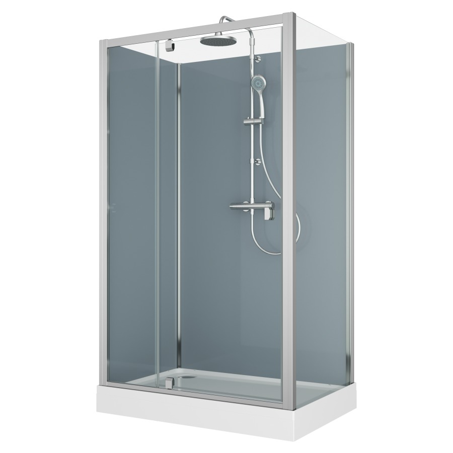 Cabine douche Modul
120 x 90 cm, H 203 cm
receveur de douche blanc
2 panneaux arrière, porte
tournante avec partie fixe et
cloison latéral, montage en
angle, robinetterie version 4