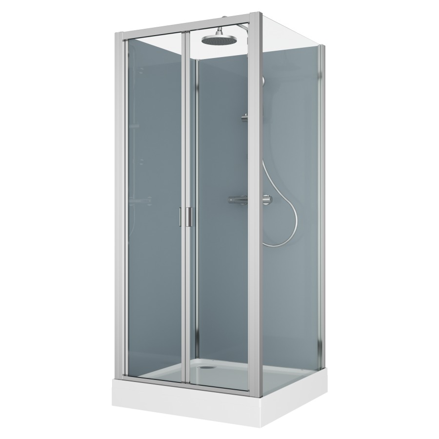 Cabine douche Modul
80 x 80 cm, H 203 cm
receveur de douche blanc
2 panneaux arrière, porte
pliante coulissante et cloison
latéral, montage en angle
robinetterie version 4