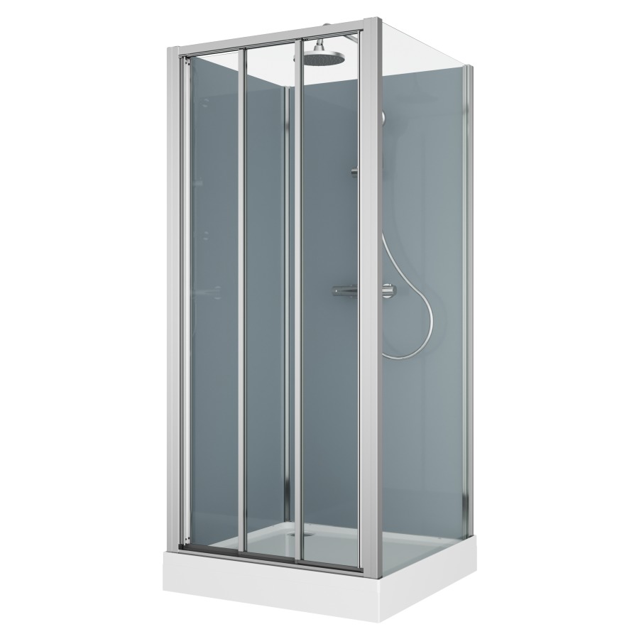 Cabine douche Modul
80 x 80 cm, H 203 cm
receveur de douche blanc
2 panneaux arrière, porte
coulissante 3 parties et
cloison latéral, montage en
angle, robinetterie
version 4