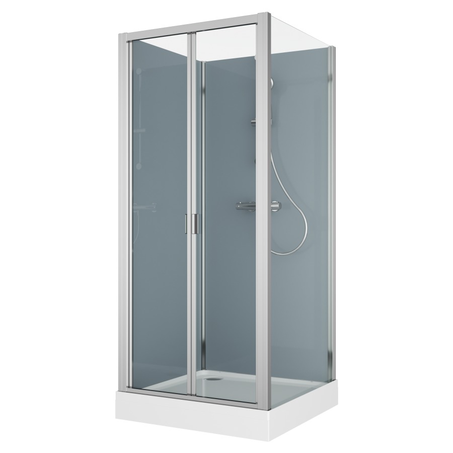 Cabine douche Modul
90 x 90 cm, H 203 cm
receveur de douche blanc
2 panneaux arrière, porte
pliante coulissante et cloison
latéral, montage en angle
robinetterie version 3