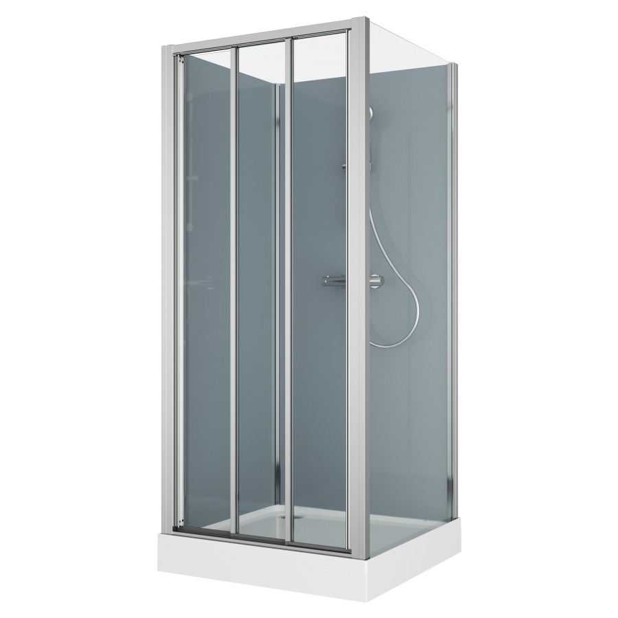Cabine douche Modul
90 x 90 cm, H 203 cm
receveur de douche blanc
2 panneaux arrière, porte
coulissante 3 parties et
cloison latéral, montage en
angle, robinetterie
version 3