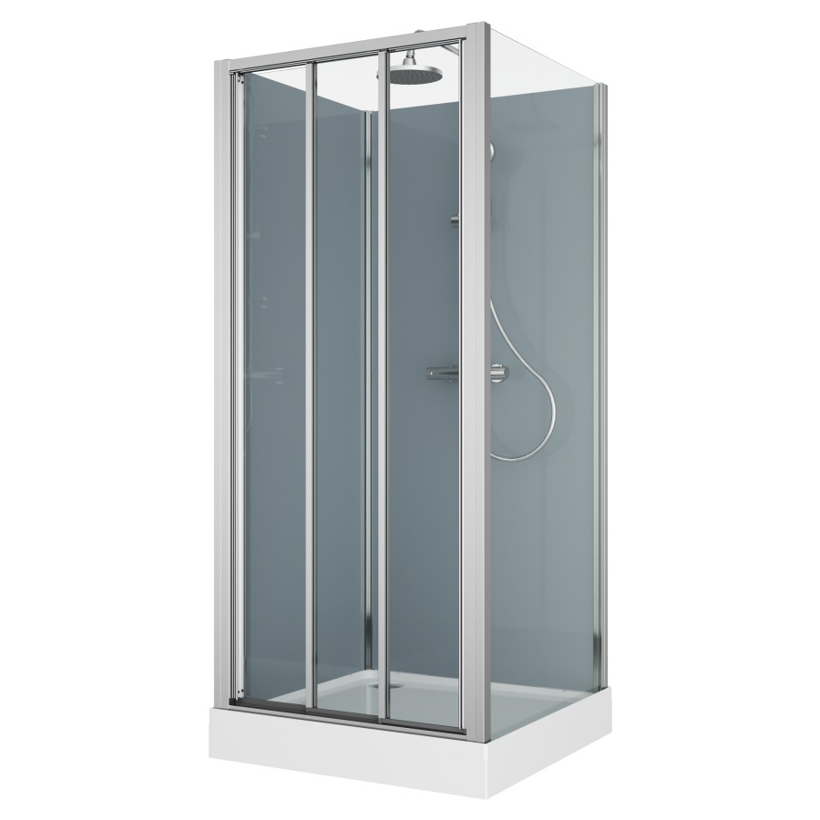 Cabine douche Modul
90 x 90 cm, H 203 cm
receveur de douche blanc
2 panneaux arrière, porte
coulissante 3 parties et
cloison latéral, montage en
angle, robinetterie
version 4