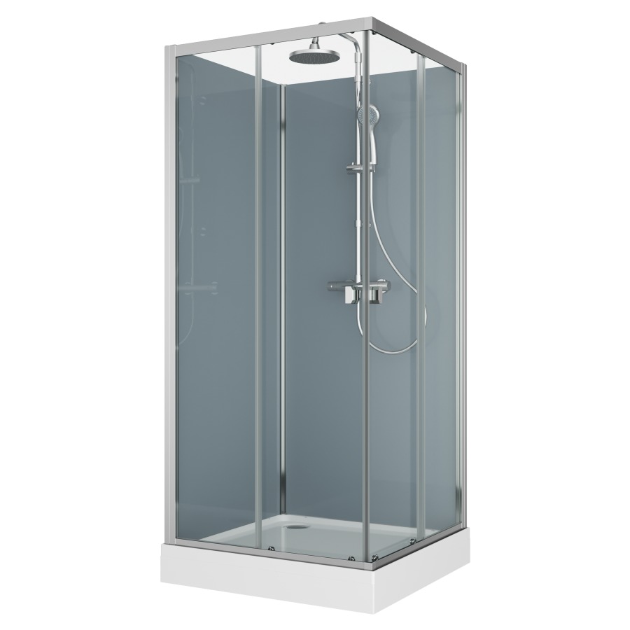 Cabine douche Modul
90 x 90 cm, H 203 cm
receveur de douche blanc
2 panneaux arrière, entrée
diagonale portes coulissantes
montage en angle, robinetterie
version 4