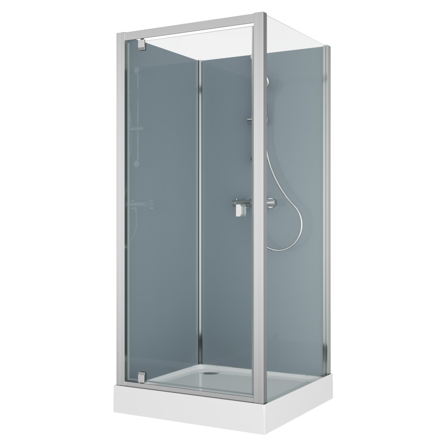Cabine douche Modul
80 x 80 cm, H 203 cm
receveur de douche blanc
2 panneaux arrière, porte
tournante et cloison latéral
montage en angle, robinetterie
version 3