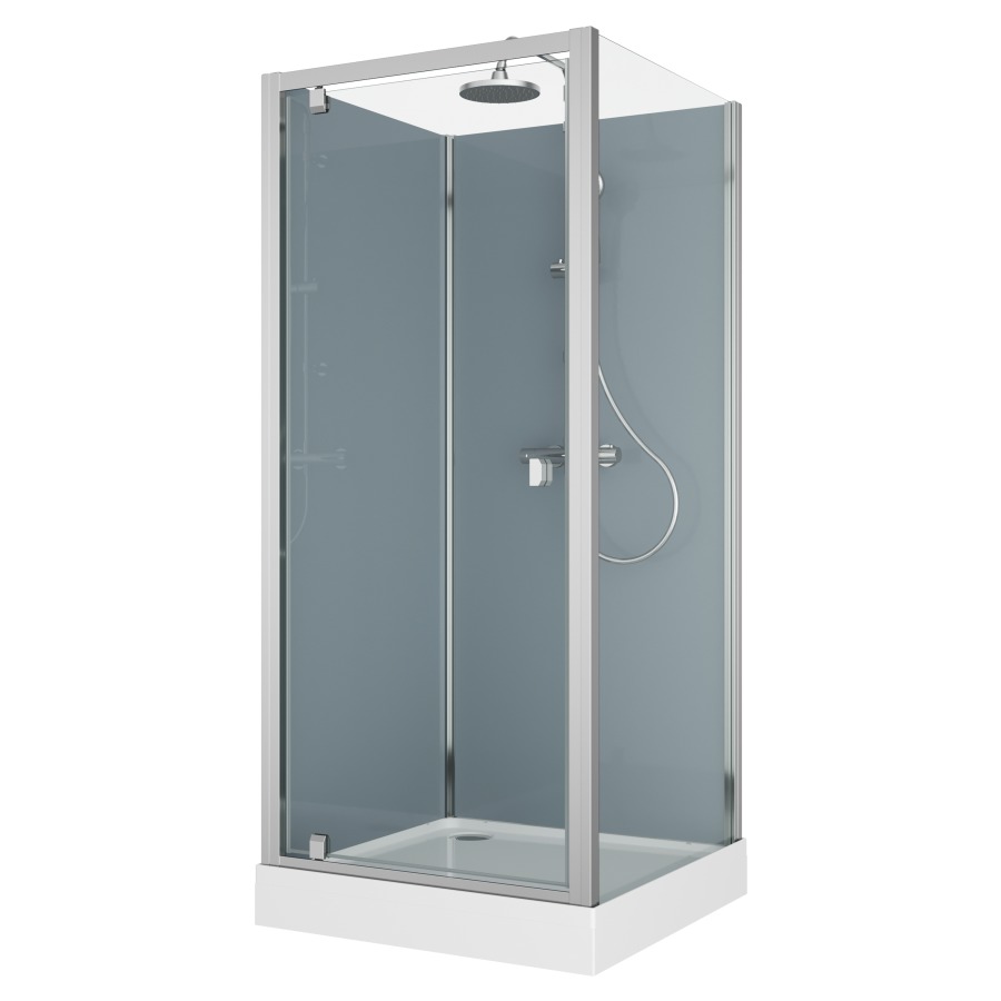 Cabine douche Modul
80 x 80 cm, H 203 cm
receveur de douche blanc
2 panneaux arrière, porte
tournante et cloison latéral
montage en angle, robinetterie
version 4